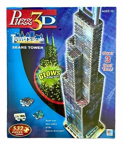 Puzz 3D Sears Tower Chicago Glows in Dark 3 Feet Tall New Sealed Milton Bradley - Picture 1 of 3