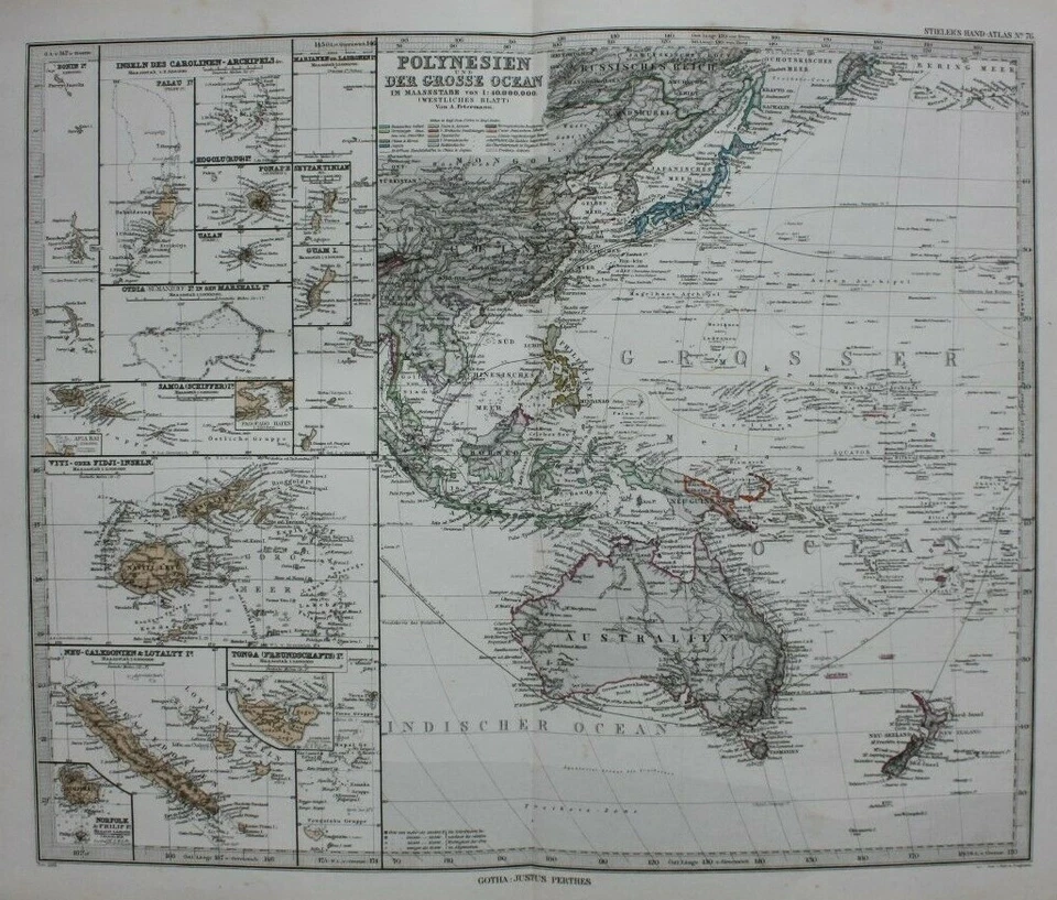 Mapa antiguo original POLINESIA, PACÍFICO, FIJI, TONGA, AUSTRALIA, Stieler, 1886 Foto 1 de 4