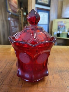 Vintage Fostoria Ruby Red Glass Coin Dot Lidded Jar - Picture 1 of 7