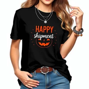 Happy Shipment Halloween T-Shirt - Black Short Sleeve with Grinning -All cotton - Picture 1 of 4
