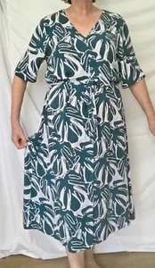 GORMAN sz 14-16 DRESS Teal Blue NEW LEAF Palm print BUTTON FRONT MIDI With tie - Picture 1 of 19