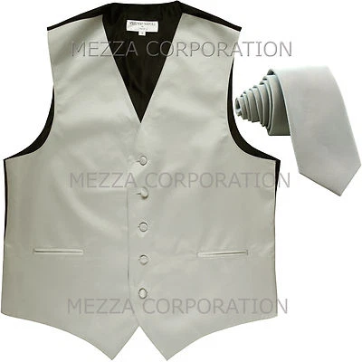 New Men's Tuxedo Vest 2.5" Skinny Necktie formal party wedding prom Silver - Image 1 of 4