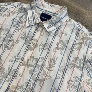 Tommy Bahama Shirt Mens Medium Floral Silk Blend Striped Beach Hawaiian READ - Picture 1 of 17