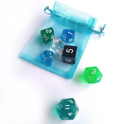 Polyhedral dice set Transparent 7 Die Blue Green RPG DND TTRPG River Enchanter - Image 1 of 4