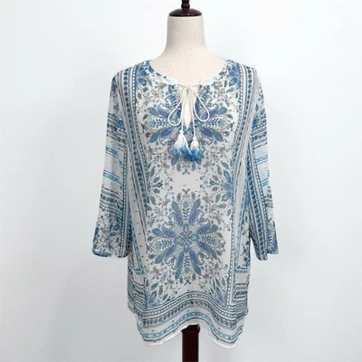 Top Dennis Basso para mujer 14 azul dorado floral borla transparente hada bohemia indie Foto 1 de 4