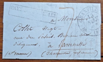 Jersey Entire 1836 QV to France Granville entry plus Boxed Pays D'Outemer  h/s - Image 1 of 2