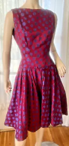 VINTAGE 1950's JONATHAN LOGAN RED SATIN BLUE FLORAL BROCAGE DRESS - Picture 1 of 5