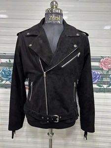 Women's 100% Pure Suede Black Fringes Jacket Soft Leather Moto Biker Belted Coat - Picture 1 of 18