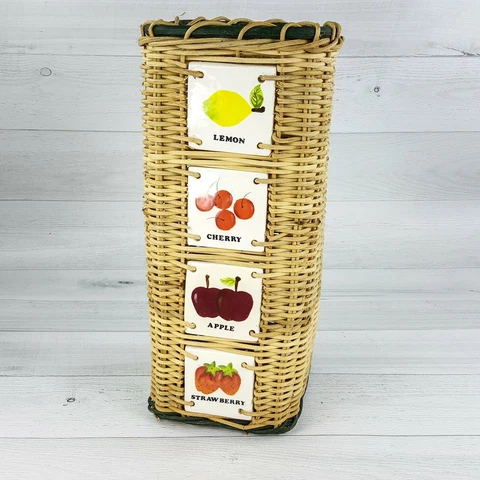 Vintage Wicker w Fruit Ceramic Tiles Basket 14 x 6" Kitchen Decor Lemon Apple Cover