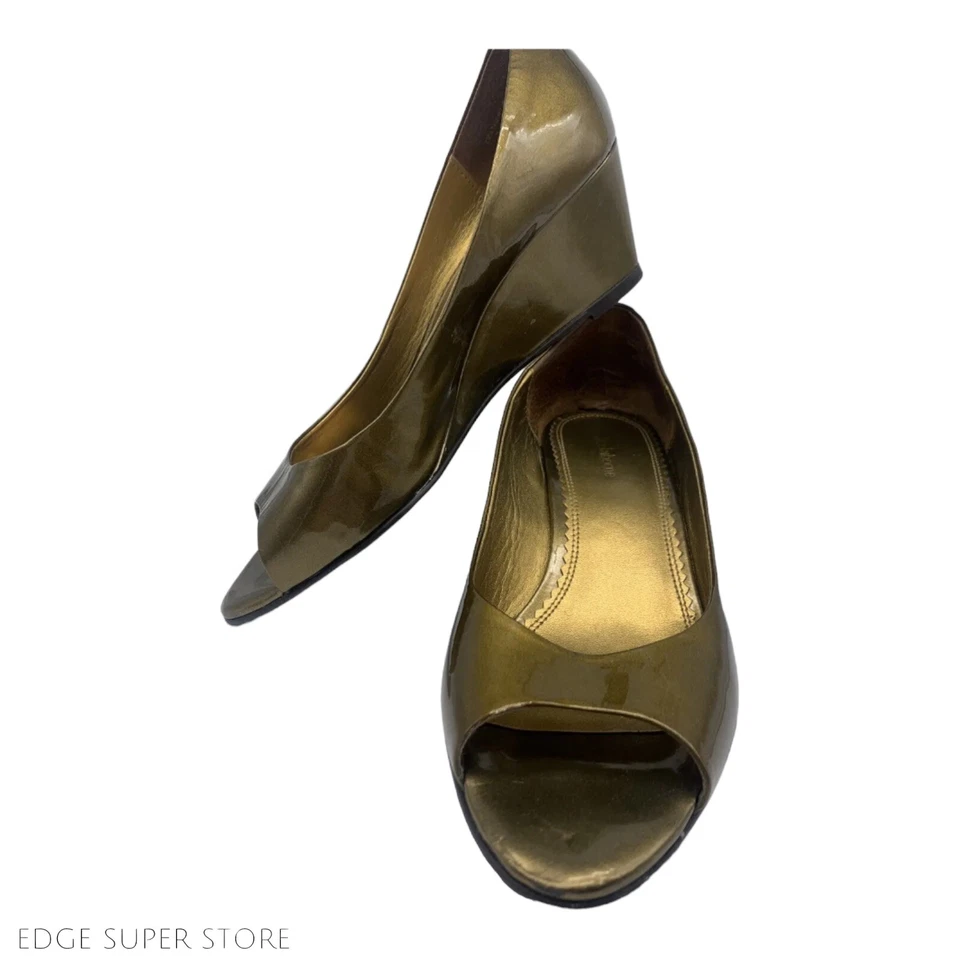 Liz Claiborne 金属金青铜棕色金色露趾楔形凉鞋高跟鞋 10 码 — 第 1/4 张图片