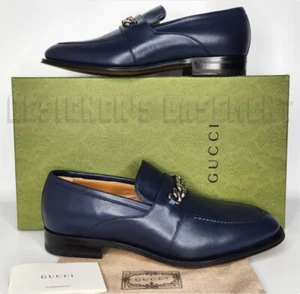 Gucci 8 blue Agata lambskin Leather Interlocking G chain detail Loafer Shoes NIB - Picture 1 of 8
