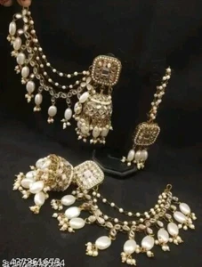 Conjunto de joyas estilo Bollywood enchapado en oro indio pendientes Kundan Jhumka blancos - Imagen 1 de 2