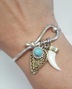 LUCKY BRAND Silvertone Charms Bracelet Bangle Faux Stones Tooth Dangle SW Tribal - Picture 1 of 16