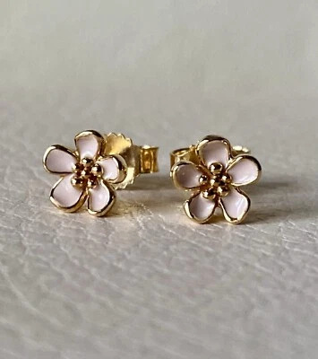 Genuine Pandora Cherry Blossom Pink Enamel 585 14ct Gold Stud Earrings 250318EN - Image 1 of 4