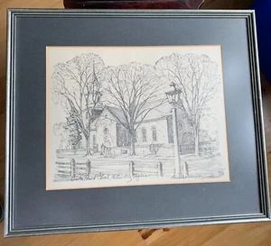 c1950's  framed Charles H Overly pencil drawing print signed Williamsburg Church - Picture 1 of 9