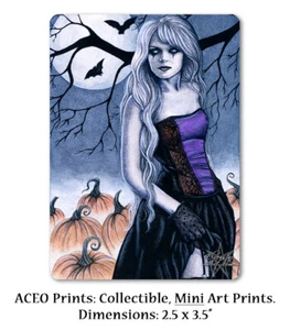 Halloween Gothic ACEO PRINT Art Pumpkins Bats Moon WC - Picture 1 of 4
