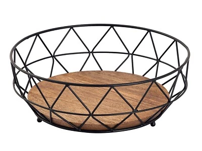 Obstschale Decokorb Brotkorb rund ø 28 cm H 10 cm Metall schwarz mit Holzboden m - Bild 1 von 4