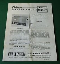 Original Challenger 20 Watt P.A. Amplifier Tech Sheet - Model CHA 20/Y