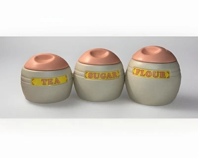 Vintage Kids Canister Set 7412 – Flour Sugar Tea Pretend Play Kitchen Toy 1980s  - Image 1 of 4