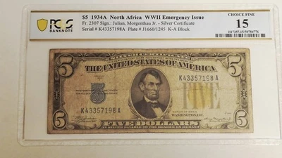 $5 1934A North Africa WWII Emergency Issue Silver Certificate Fr.2307 PCGS 15 - Image 1 of 2