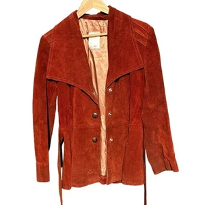 Vintage 70s Canadian Suede Red Leather Belted Snap Jacket Mens Size Small - Picture 1 of 8