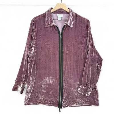 Túnica de terciopelo aplastado de seda Soft Surroundings cremallera completa malva Lagenlook para mujer L Foto 1 de 4
