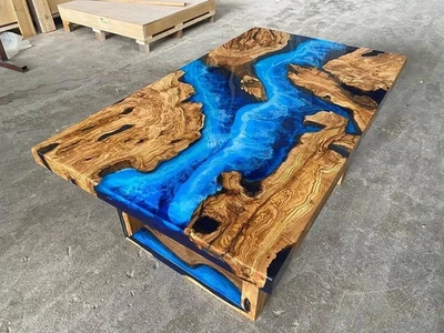 Handmade Ocean Blue Epoxy River Table – Live Edge Wood Resin Dining Desk top - Image 1 of 4