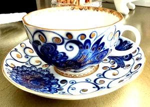 JUEGO DE TAZA DE TÉ LOMONOSOV Pavo Real con PLATILLO Porcelana-AZUL COBALTO-DE COLECCIÓN-URSS - Imagen 1 de 15