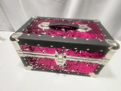 Baú cosmético, estojo de maquiagem, lantejoulas pretas prata rosa mudança de cor 14x8,5x8 - Imagem 1 de 4