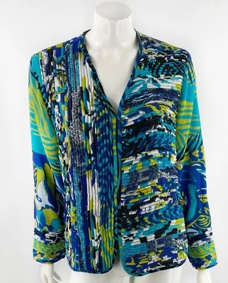 Laura Ashley Jacket Size Medium Lime Green Teal Blue Pintuck Colorful Hook Eye - Image 1 of 4