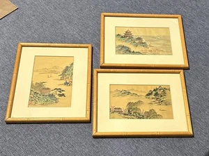 Trio chinesische Schultusche auf Seidenlandschaften 20. Jahrhundert - gerahmt - Bild 1 von 8