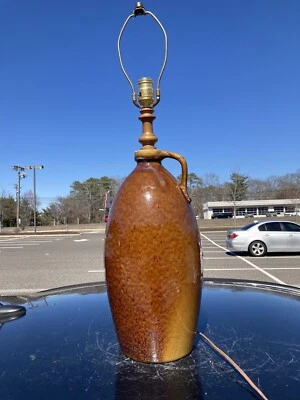 Lg 30” Bennington Pottery Style Brown Jug Table Lamp 18” Jug Awesome Glaze - Image 1 of 4