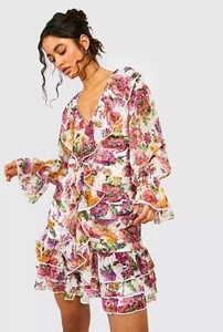 NWT Boohoo Dobby Cut Out Ruffle Mini Dress Size 12 - Picture 1 of 12