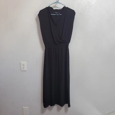 Vestido midi THEORY para mujer L negro drapeado sobrepelliz manga corta 100 % seda abertura lateral Foto 1 de 4