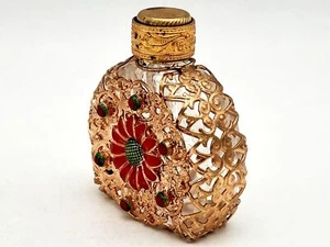 Perfume Bottle Rare Vintage Vial Aromatic Bowl Glass Gild Metal Enamel Czech - Picture 1 of 12