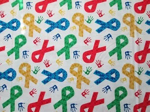 PUZZLE GAME PIECES AUTISM AWARENESS RIBBON HANDS WHITE COTTON FABRIC BTHY - Picture 1 of 12