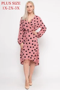 Vestido envolvente a lunares rosa malva talla grande para mujer 2XL manga larga alto bajo - Imagen 1 de 4