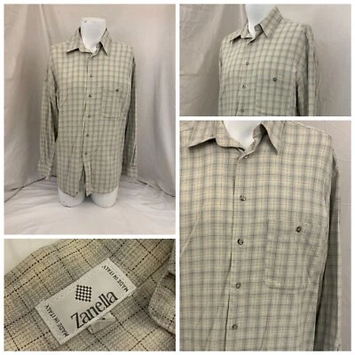 Zanella Long Sleeve Shirt L Beige Check 100% Cotton Italy EUC YGI R1-182 - Image 1 of 4