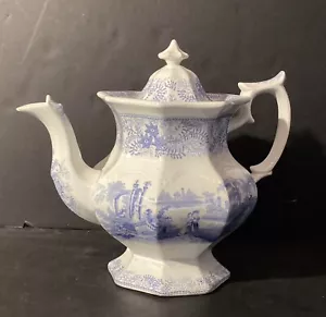 Antique Staffordshire W. Adams & sons Teapot with design/Blue on White - Picture 1 of 11