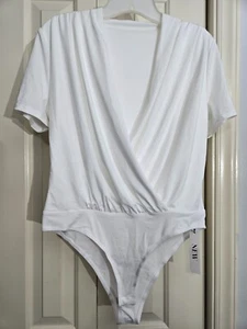 White Wrap-Style Bodysuit With Short Sleeves & V-Neckline Stretchy Polyester/Spa - Picture 1 of 6