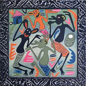VIPIKIJANA - Dipinto acrilico su tavola 61x61cm George LILANGA quadro cornice - Picture 1 of 8