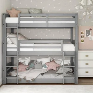 Gray Finish Wooden Twin Over Twin Triple Bunk Beds Convertible Sleeps 3 Kids - Picture 1 of 6