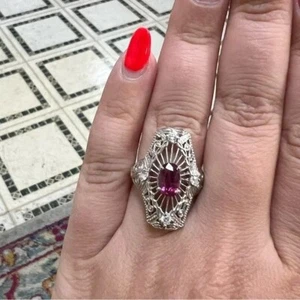 935 Silver With Simulated 1.59CT Oval Ruby & Round White Sapphire Filigree Ring - Picture 1 of 6