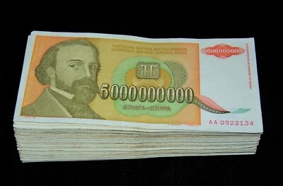 100 pcs x Yugoslavia 5 Billion Dinara banknotes /1993 circulated currency - Image 1 of 2