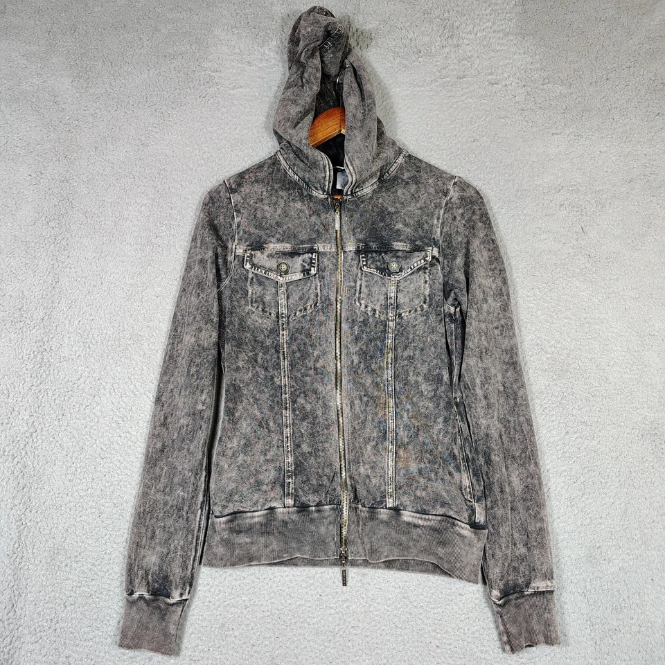Chaqueta Hard Tail Para Mujer Gris Medio Denim Lavado Ácido Acanalada Cremallera Completa Con Capucha Foto 1 de 4