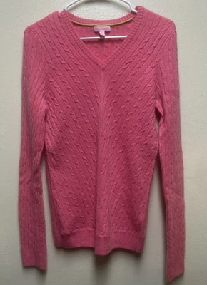 SUÉTER LILLY PULITZER Rosa Tejido con Cable Cuello en V Mujer Grande 100 Cachemira Foto 1 de 4