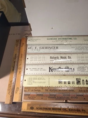 Vintage Lot (16) Metal Wood Rulers Advertising Breyers Auto Banking Music  - Image 1 of 4