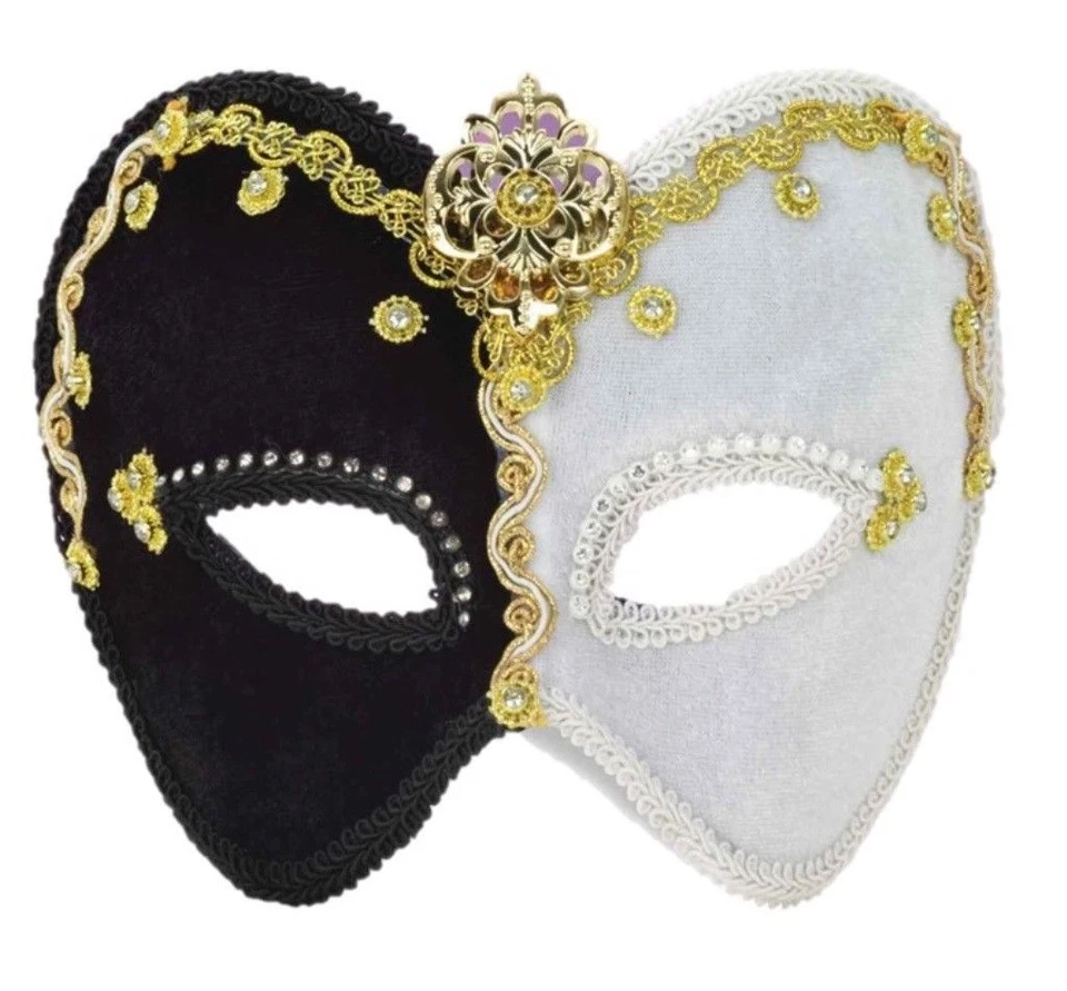 Mardi Gras Mask Blk/Wht. 1/2 Face Fabric & Plastic W/ Gold Headband Style Mask - Image 1 of 1