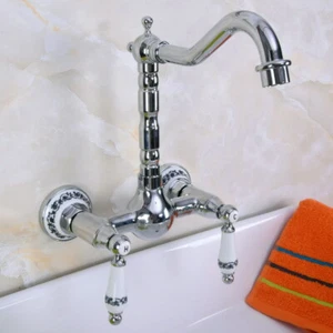 Grifo fregadero de cocina cromado pulido para baño manijas dobles mezclador grifo montaje en pared - Imagen 1 de 7
