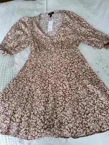 NEW LOOK TALL Tan/ Cream Patterned Martina Knee Length Summer Dress 12 Bnwt - Picture 1 of 14